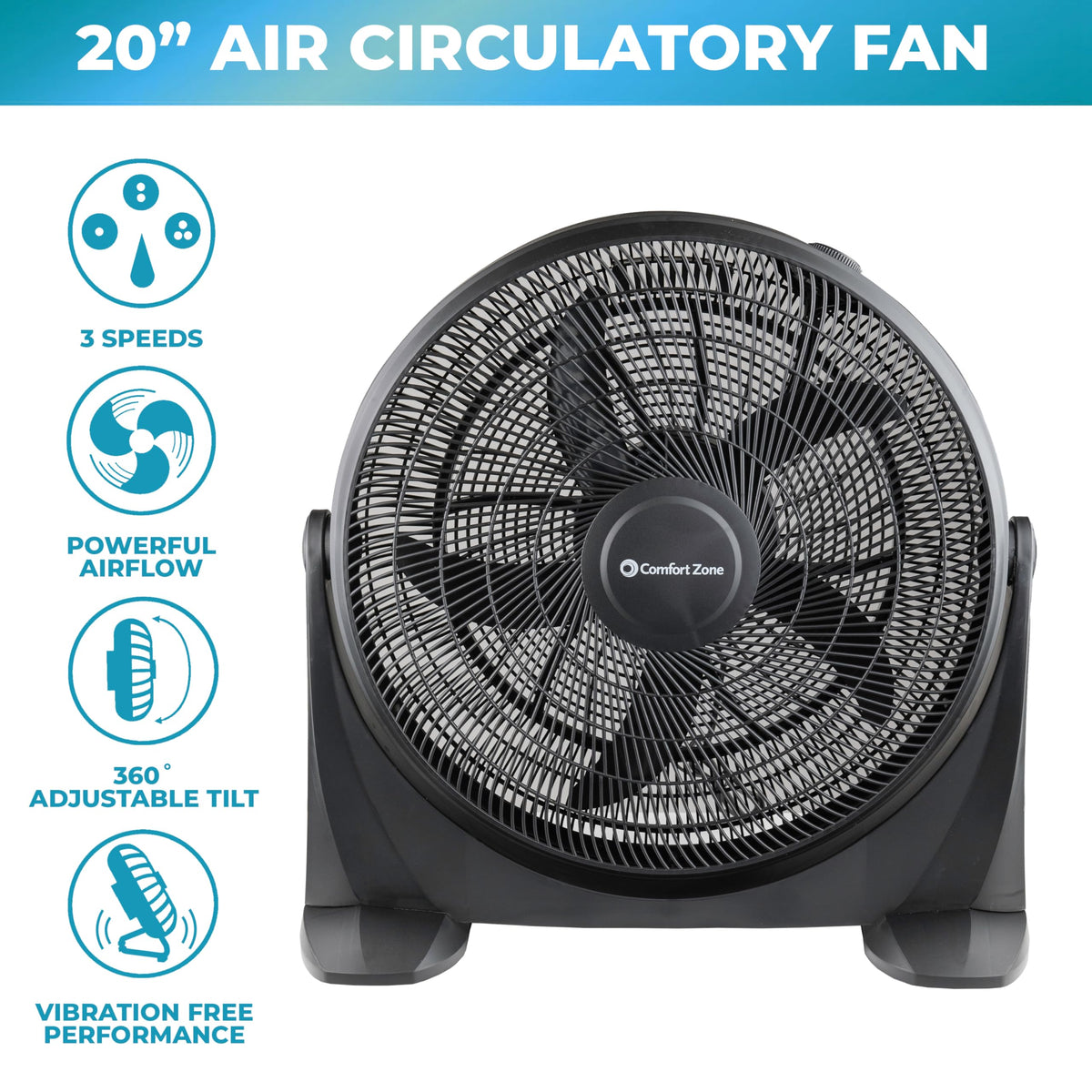 20-Inch High-Velocity Floor Fan with 3 Speeds, Black J8685