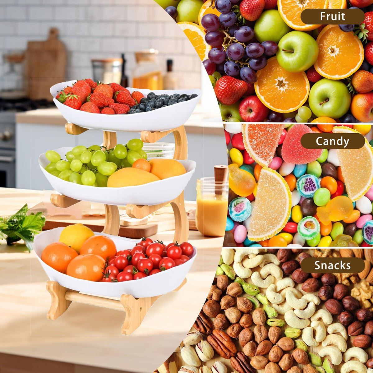 3 Tier Plastic Fruit Bowl with Bamboo Stand K72792